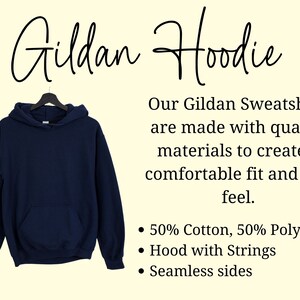 May include: A navy blue Gildan hoodie with a drawstring hood and seamless sides. The hoodie is made of 50% cotton and 50% polyester.
