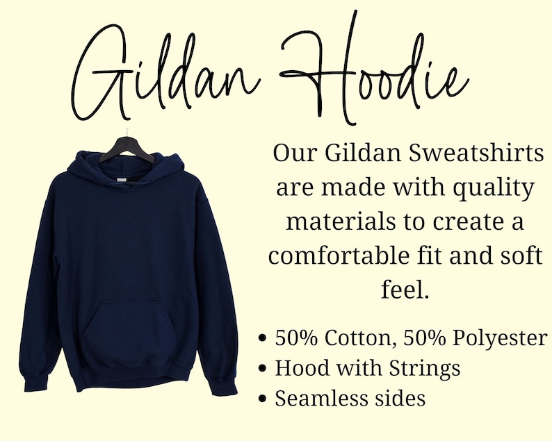 May include: A navy blue Gildan hoodie with a drawstring hood and seamless sides. The hoodie is made of 50% cotton and 50% polyester.
