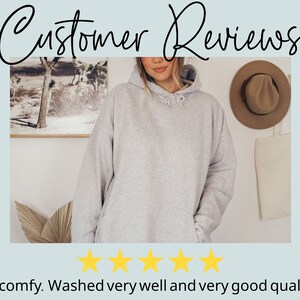May include: A gray hooded sweatshirt with a five-star rating and the text "So comfy. Washed very well and very good quality!"