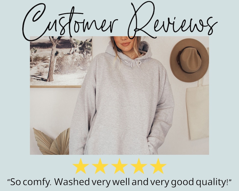 May include: A gray hooded sweatshirt with a five-star rating and the text "So comfy. Washed very well and very good quality!"