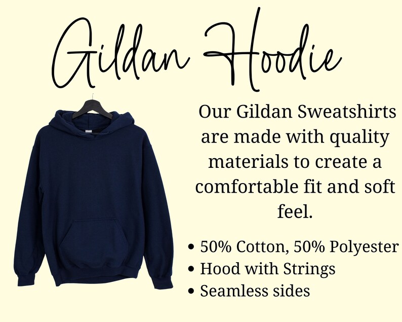 May include: A navy blue Gildan hoodie with a drawstring hood and seamless sides. The hoodie is made of 50% cotton and 50% polyester.