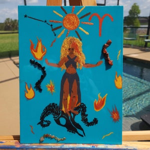 ARIES     astrology goddesses painting with crystals - Red Jasper, Carnelian and Tourmaline sealed with epoxy resin