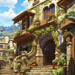 Pode incluir: Um edifício de pedra com uma varanda de madeira e uma grande porta de madeira. O edifício está coberto de videiras e flores. Há degraus de pedra que levam à porta. O edifício está localizado em uma pequena cidade com uma montanha ao fundo.