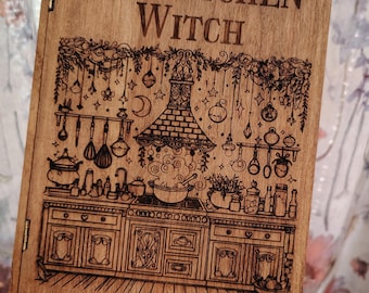 The Kitchen Witch Engraved Wooden Recipe Book Box w/ Hidden Conversion Chart