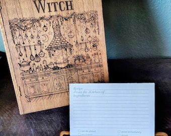 The Kitchen Witch Engraved Wooden Recipe Book Box w/ Hidden Conversion Chart & Card Holder