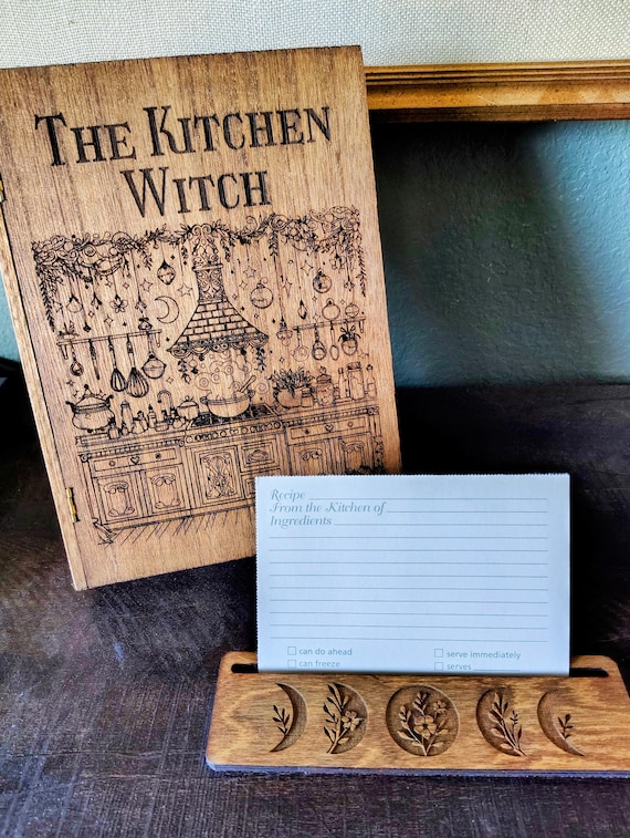 The Kitchen Witch Engraved Wooden Recipe Book Box w/ Hidden Conversion Chart & Card Holder