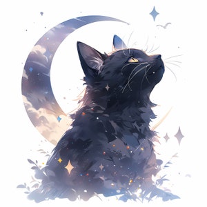 Paquete de imágenes prediseñadas de gato de noche de luna (más de 80 PNG), imágenes prediseñadas de gatito, imágenes prediseñadas de gato lindo, arte imprimible de gato, imágenes prediseñadas de gato floral, uso comercial