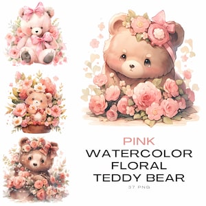 Watercolor Pink Floral Teddy Bear Clip Art Bundle Clipart Pack, Pink Floral Baby Shower for a girl, Clipart for commercial use, 37 PNGs