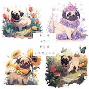 Pug Dog Clipart Bundle 45+ PNG, Pug Clipart, Floral Dog art, Dog Stickers, Pug art, Commercial Use, Digital Download, Instant Download