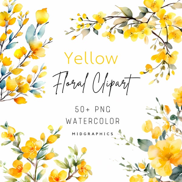 Watercolor Yellow Floral Clipart 50+ PNG Bundle, wedding Clipart, Watercolor Wild Flowers Wild Floral art, Instant Download, Commercial Use