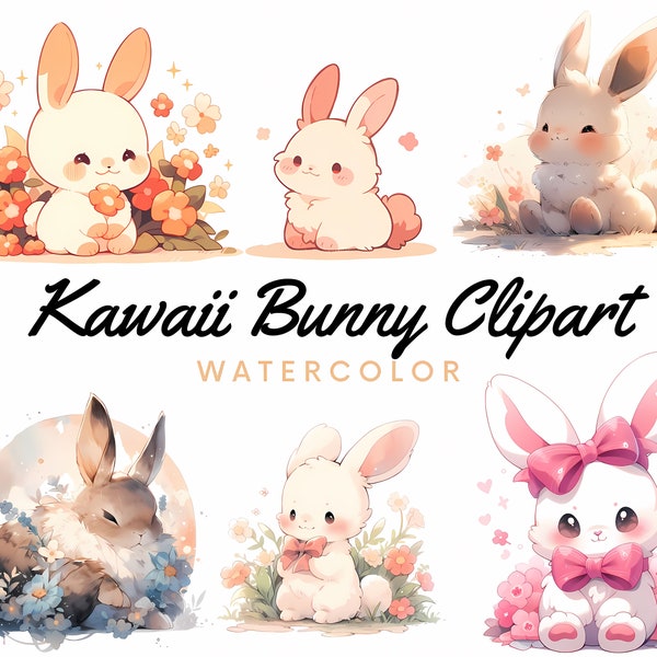 Kawaii Bunny Rabbit Clipart PNG Bundle, Cute Bunnies Clipart Sticker, Bunny Rabbit Printable art, Cute Bunny Rabbit Clipart, Commercial Use