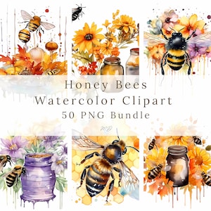 Watercolor Honey Bee Clipart 50 PNG Bundle, garden bee and honey drips clip art, digital download instant download for commercial use