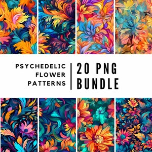 Psychodeliczny kwiatowy wzór 20 PNG pakiet, bezszwowy wzór, sztuka kwiatowa malowana olejem, sztuka psychodeliczna, cyfrowe natychmiastowe pobieranie do użytku komercyjnego