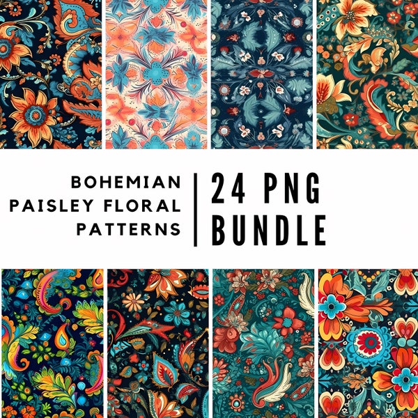 Bohemian Paisley Floral 24 PNG Seamless Pattern Bundle, Backgrounds Journal Kit Designs - Digital Pages, Junk Journal Pages, Scrapbooking
