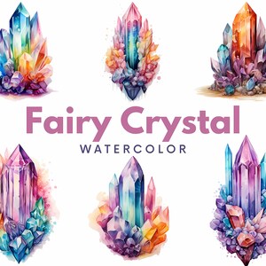 Watercolor Fairy Crystals Clipart PNG Bundle, pastel watercolor fairy magic rainbow crystal, floral crystal clipart, for commercial use