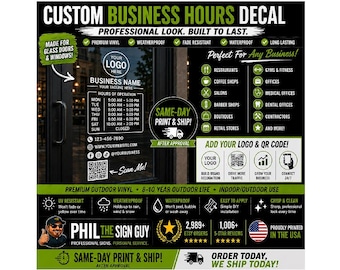 Custom Business Hours Vinyl Decal, Storefront Door Sign (Logo/QR Code)