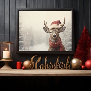 Arte de parede de rena de Natal contemporânea para decoração de casa com veado de inverno, arte de parede para impressão, arte de parede de inverno