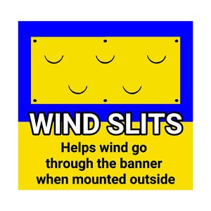 May include: A yellow and blue sign with the text "WIND SLITS" in black. The sign explains that the slits help wind go through the banner when mounted outside.