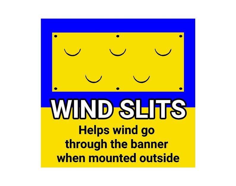 May include: A yellow and blue sign with the text "WIND SLITS" in black. The sign explains that the slits help wind go through the banner when mounted outside.
