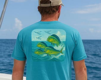 Mahi & vliegende vissen offshore T-shirt | Rough Life Fishing-T-shirt | Overhemd met oceaanprint en oceaanprint op de achterkant