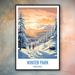 Póster de viaje de Winter Park, regalo de Winter Park, arte de pared de aventura vertical, decoración del hogar de invierno, cartel de regalo de Estados Unidos