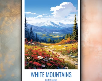 White Mountains New Hampshire Poster | NH Hiking Wall Art | Presidential Range Travel Print | New England Mountain Gift | NH Cabin Decor