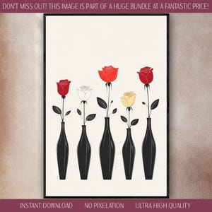 Descarga digital de jarrones minimalistas con rosas, elegantes, refinados, arte, sofisticación moderna, delicadas líneas, decoración de pared con espacio negativo