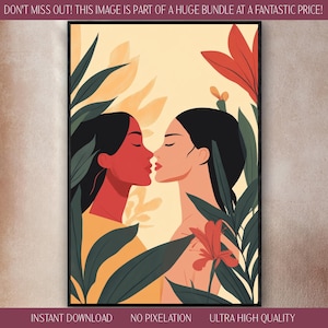 Impresión digital para descargar para parejas del Día de San Valentín LGBTQ Lesbianas Mujeres Patrones geométricos llamativos Retro moderno de mediados de siglo Flores vibrantes