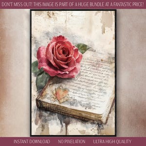 Impresión digital de una sola rosa con acuarela, arte romántico, libro abierto, carta de amor escrita a mano, recuerdos florales