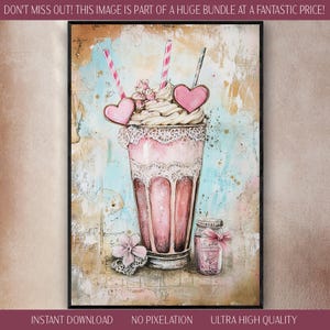 Retro Soda Brunnen Digitaler Download Druck Vintage wunderliche Milchshake mit Herz geformt Strohhalme Aquarell Pastell gemasert nostalgisch