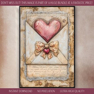 Carta de amor clásica con descarga digital, impresión caprichosa vintage con acuarela, sobre con sello de corazón, lazo de encaje, recuerdo romántico, regalo nostálgico en tonos pastel