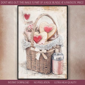 Charmant panier pique-nique en téléchargement numérique impression lunatique vintage coeur sandwichs souvenirs romantiques dentelle aquarelle nostalgie