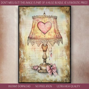 Lampe antique en téléchargement numérique impression coeur motif fantaisiste vintage aquarelle art romantique déco texturé journal page dentelle noeud souvenirs