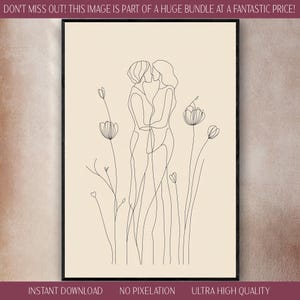 Valentinstag Paare Digital Download Druck Lesbische Frauen Minimalistische Linie Kunst Intime Zeichnung Elegante raffinierten Stil Romantische Blumen