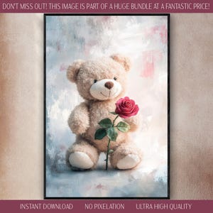 Teddy Bär Digital Download Druck Plüsch Kunst Rose Weich Pastell Pinselstriche Abstrakt Impressionistische Malerei Verträumt Elegante Warme Gelassenheit