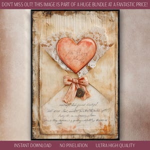 Impresión digital con descarga de carta de amor clásica, sobre vintage caprichoso, sello de corazón, lazo de encaje, recuerdo romántico, arte estilo acuarela