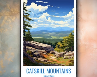 Puede incluir: Un cartel de viaje vintage que presenta una vista panorámica de las montañas Catskill en el estado de Nueva York. El cartel tiene un cielo azul con nubes blancas, árboles verdes y terreno rocoso. El texto "CATSKILL MOUNTAINS" está en letras azules en la parte inferior del cartel, con "United States" en letras más pequeñas debajo.