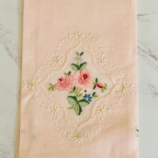 Vintage Cotton Pink Tea Towel with Floral Design