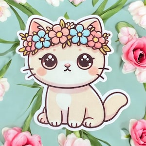 Adorable Cat Sticker with Flower Crown | Cute Kawaii Sticker