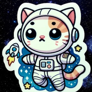 May include: A white cat wearing an astronaut suit with a rocket ship in the background. The cat has orange and white fur and is floating in space. The background is a dark blue with white stars.