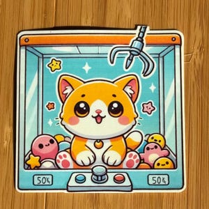 Orange Cat Inside Claw Machine Sticker - Playful Pet Design | 3 Inch Sticker | Playful Cat Sticker | Arcade Cat Sticker