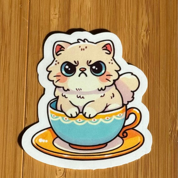 Grumpy Cat Sticker in Teacup - Quirky Animal Decal for Laptop, Phone, Water Bottle | 3 Inch Sticker