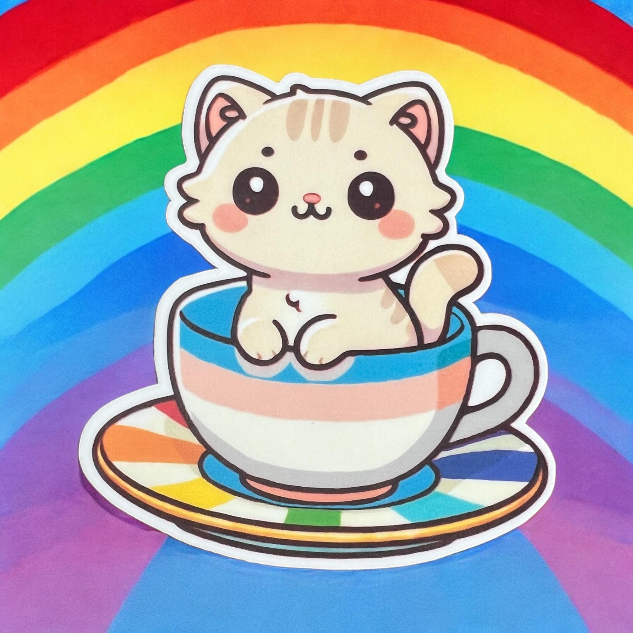 Pride Cat Sticker: Cute Feline in Teacup, LGBTQ+ Rainbow Colors