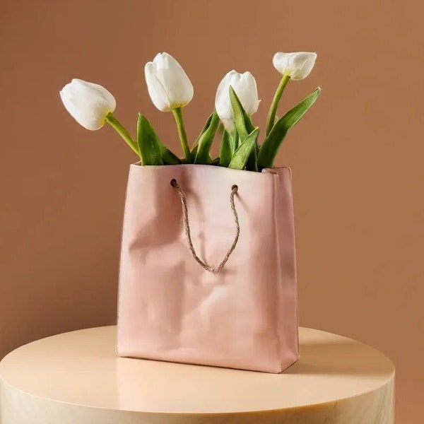 Bag Shape Ceramic Vase, Set of 2 Vases, Nordic Boho Vase, Birthday Gift, Flower Vase, Book Vase, Kraft Paper Bag Ceramic Vase, Gift for Mom.