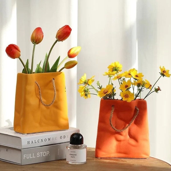 Vase en céramique en forme de sac, vase bohème nordique, cadeau d'anniversaire, vase de fleurs, vase livre, vase en céramique avec sac en papier kraft, cadeau pour maman, lot de 2 vases