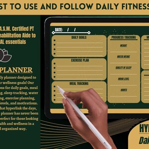 May include: A digital tablet displaying a daily fitness planner with sections for daily goals, exercise plan, meal tracking, progress tracking, and notes. The planner has a green background with gold accents and the text "HYPERLINKED Daily Tracking" at the bottom.