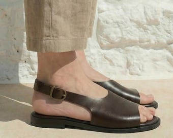 Minimalist Slingback Brown Leather Greek Sandals for Women