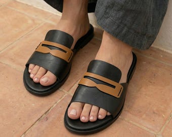 Natural Leather Summer Slide Sandals with Cushioned Insole and Veg Tan Leather Outsole