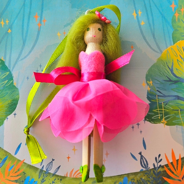 Clothespin doll of a spring forest fairy to hang in your Christmas tree, childre'ns room or decoration as a lucky charm of nature