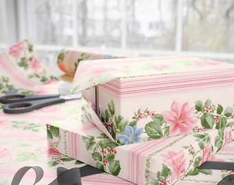 Christmas Wrapping Paper, Pink Poinsettia Floral Holiday Gift Wrap, Cottagecore Xmas Botanical Gift Paper, Pretty Xmas Present Wrap, Holiday